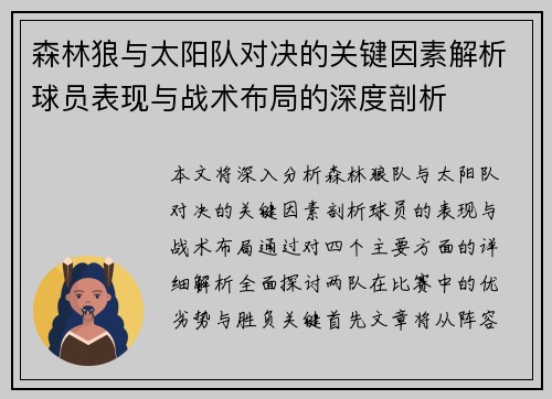 森林狼与太阳队对决的关键因素解析球员表现与战术布局的深度剖析