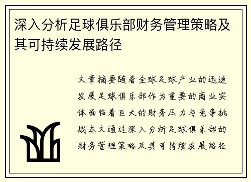 深入分析足球俱乐部财务管理策略及其可持续发展路径