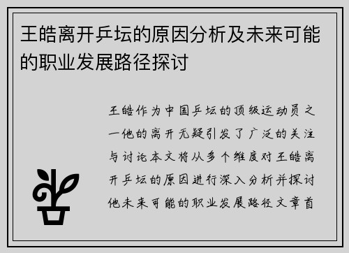 王皓离开乒坛的原因分析及未来可能的职业发展路径探讨